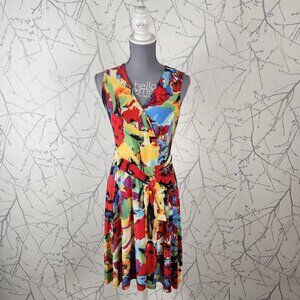 Tristan Colorful Watercolor Floral Stretch Knit Faux Wrap Midi Dress